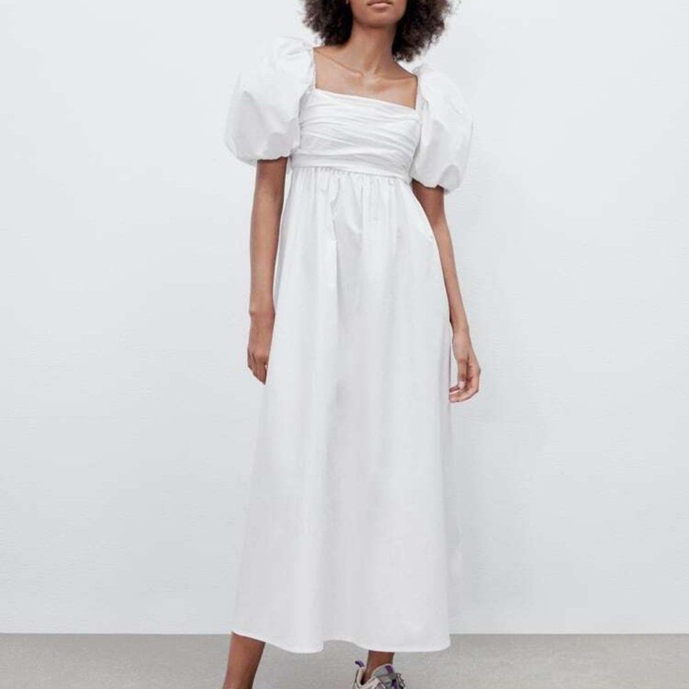 ZARA White Draped White Dress Puff Sleeve
